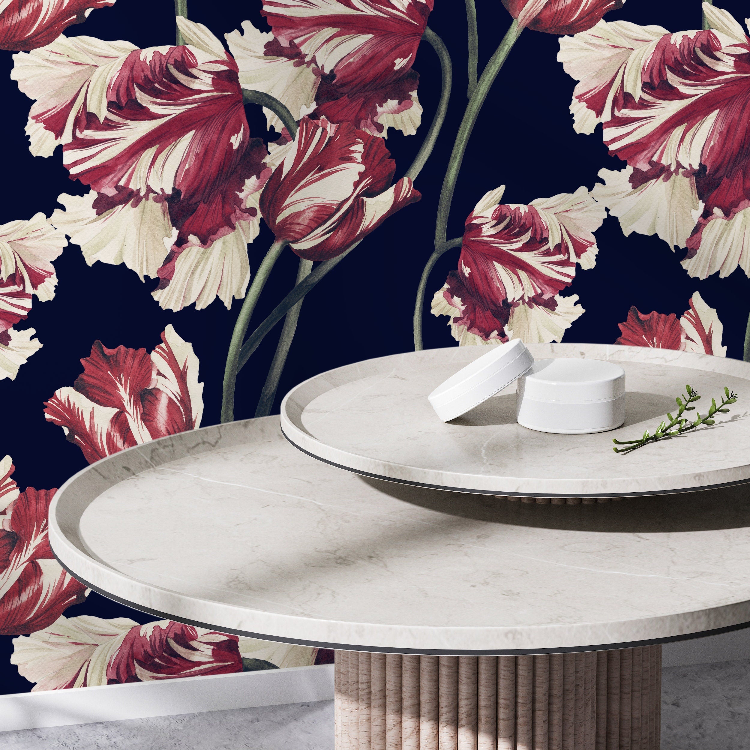 Floral Wallpaper Featuring Vintage Tulips in Red, Cream, and Navy Blue - D647 - Decor Addict, LLC