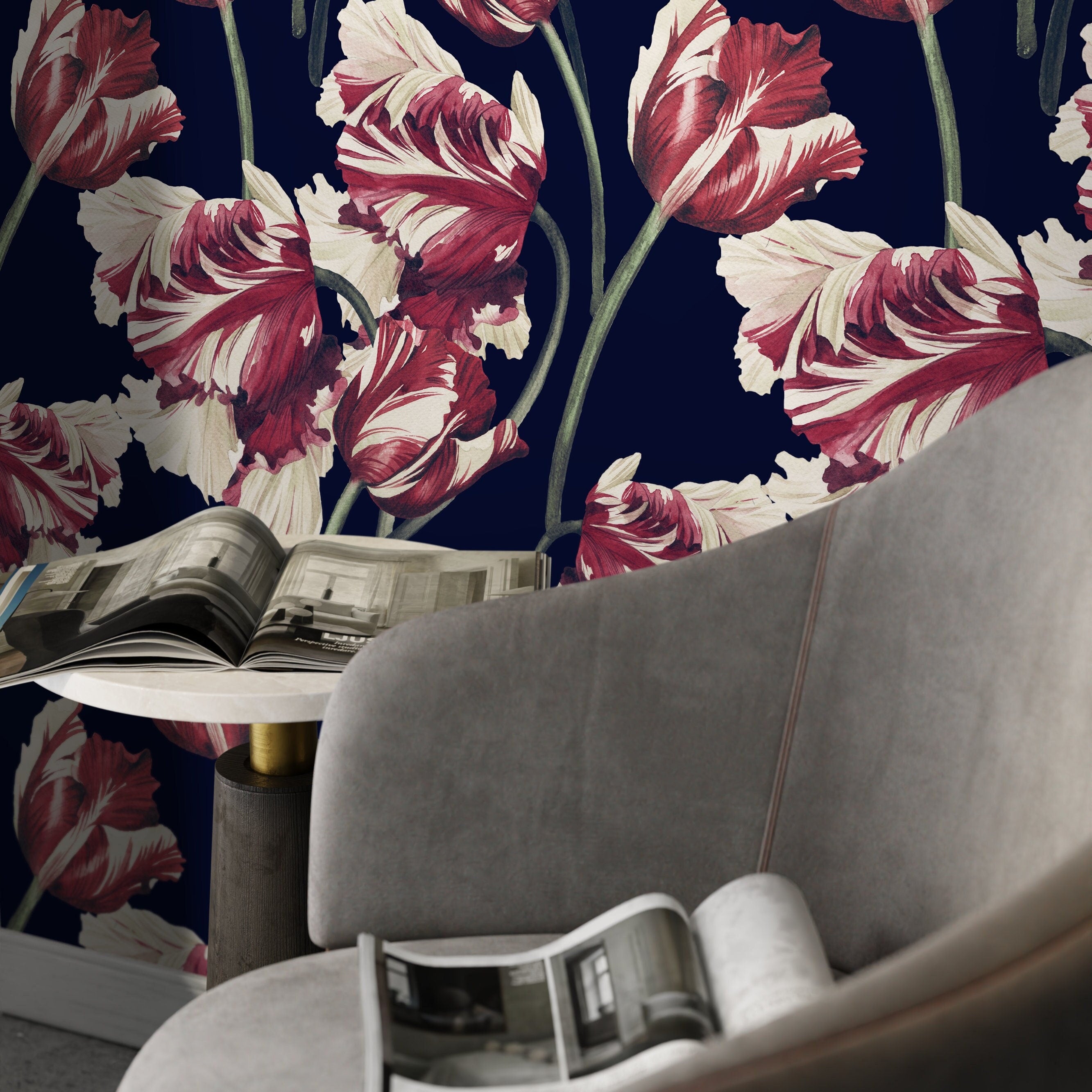 Floral Wallpaper Featuring Vintage Tulips in Red, Cream, and Navy Blue - D647 - Decor Addict, LLC