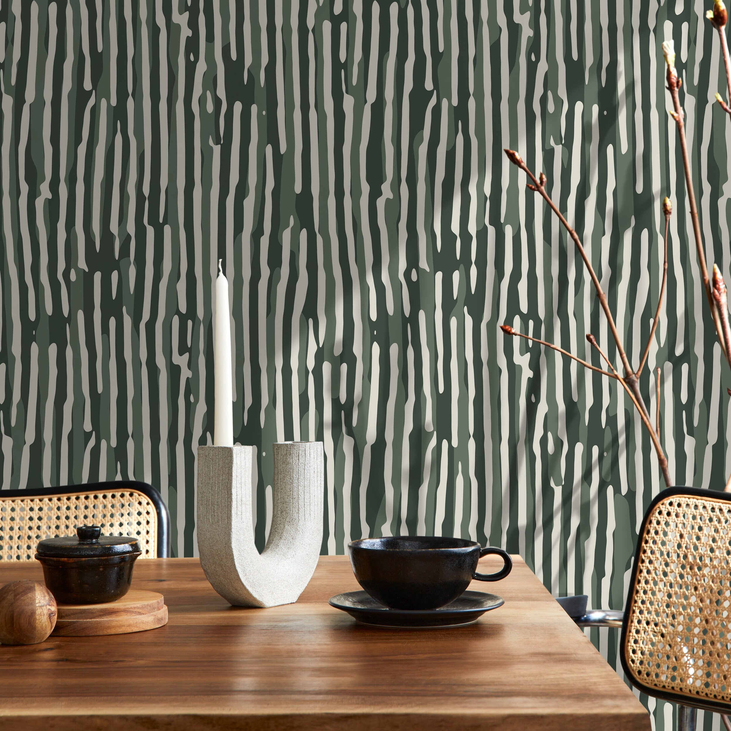 Abstract Wallpaper with Wavy Stripes in Dark Green, Sage, and Off-White - D746 - Decor Addict, LLC