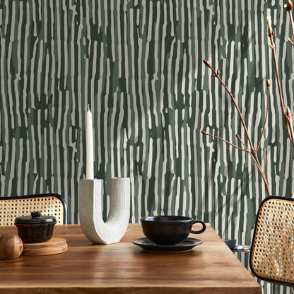 Abstract Wallpaper with Wavy Stripes in Dark Green, Sage, and Off-White - D746 - Decor Addict, LLC
