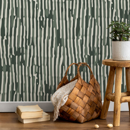 Abstract Wallpaper with Wavy Stripes in Dark Green, Sage, and Off-White - D746 - Decor Addict, LLC