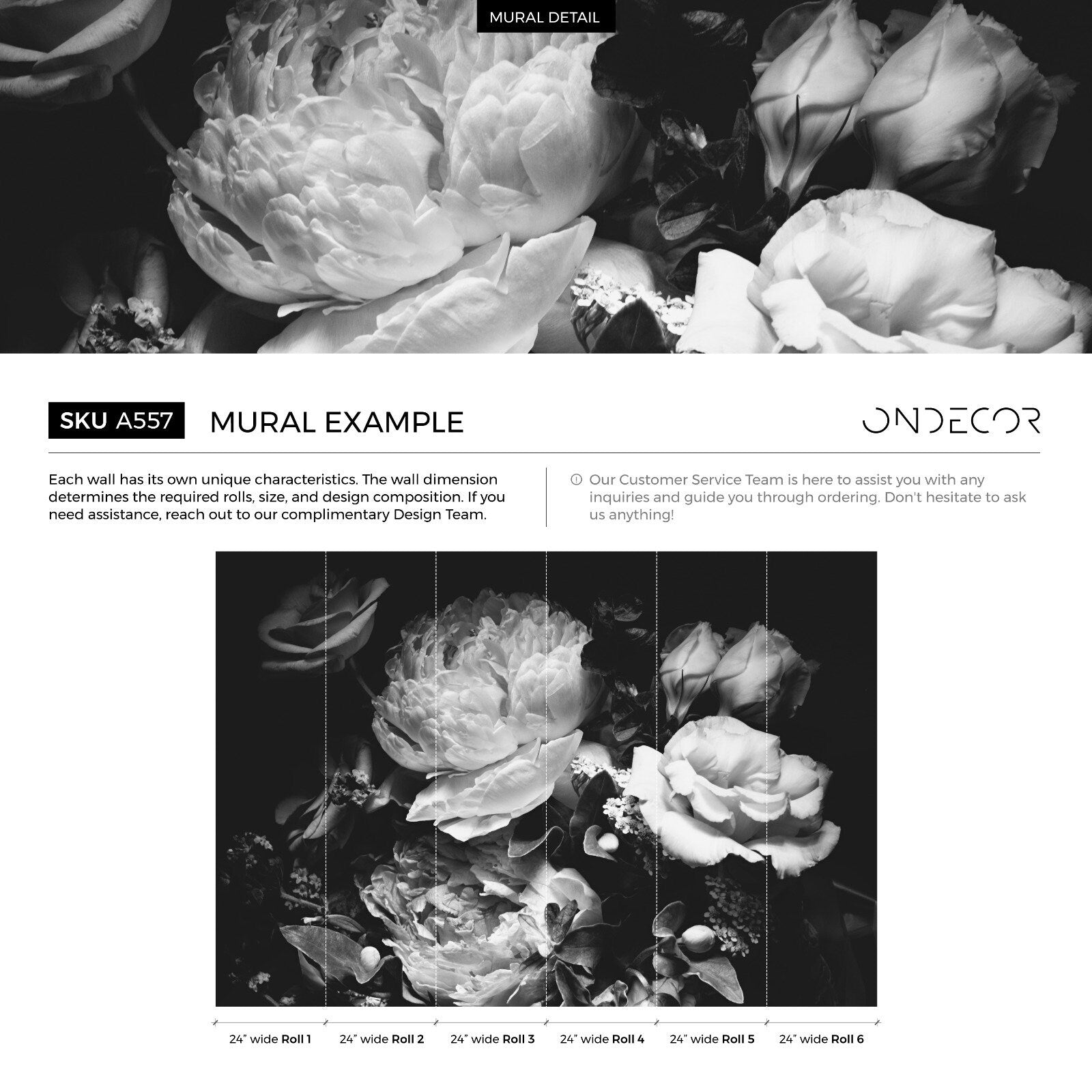 Floral Wallpaper with a Dramatic Peony Bouquet in Black and White - A557 - Decor Addict, LLC