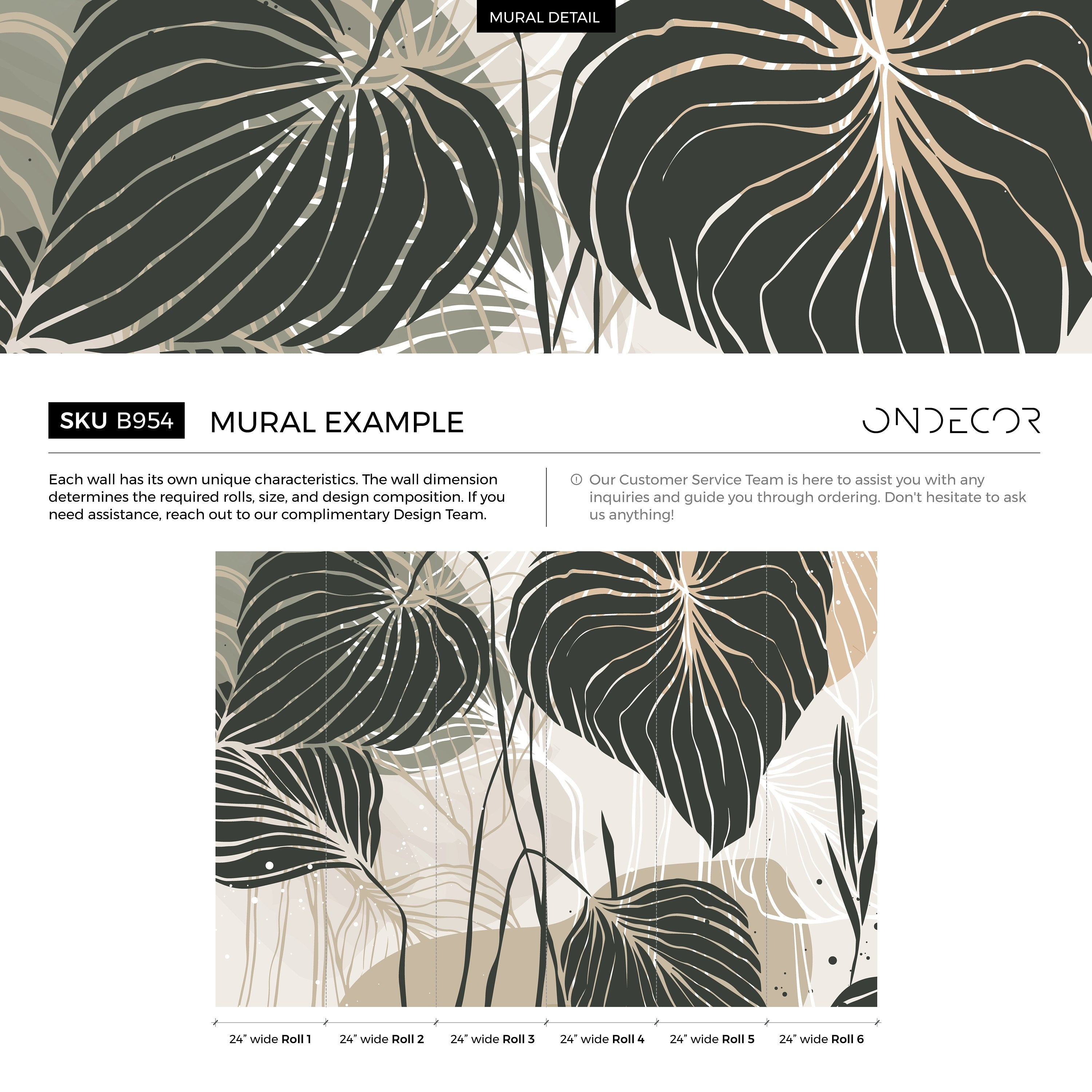 Botanical Wallpaper with Stylized Tropical Leaves in Dark Green, Sage, and Beige - B954 - Decor Addict, LLC