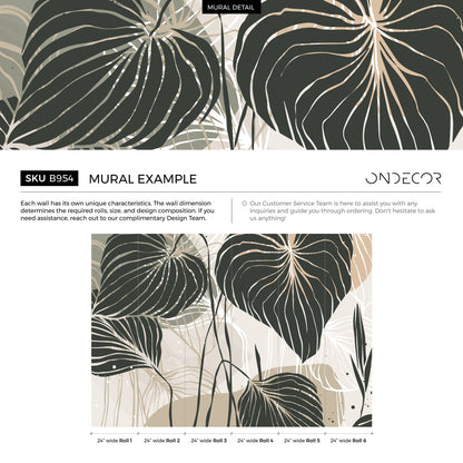 Botanical Wallpaper with Stylized Tropical Leaves in Dark Green, Sage, and Beige - B954 - Decor Addict, LLC