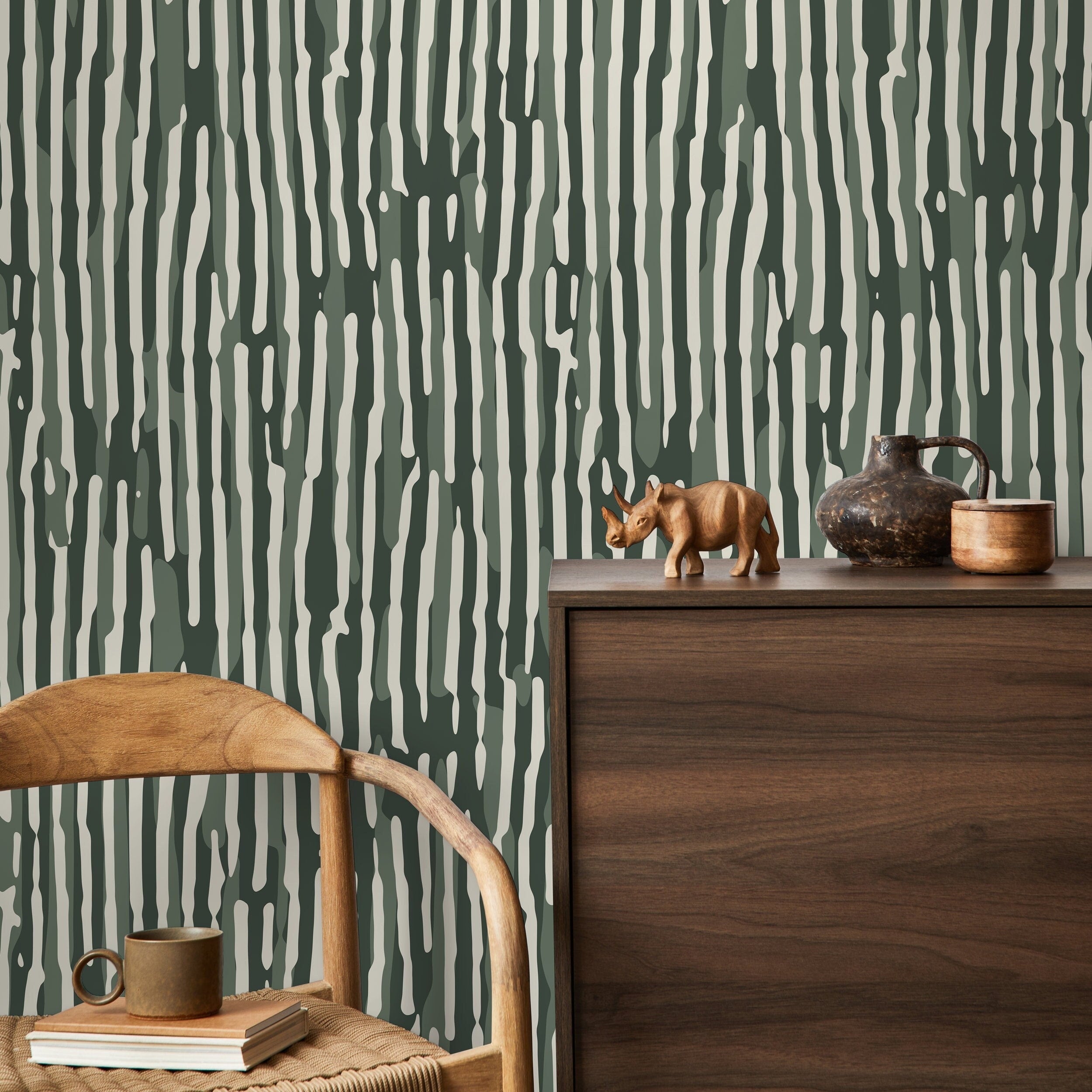 Abstract Wallpaper with Wavy Stripes in Dark Green, Sage, and Off-White - D746 - Decor Addict, LLC