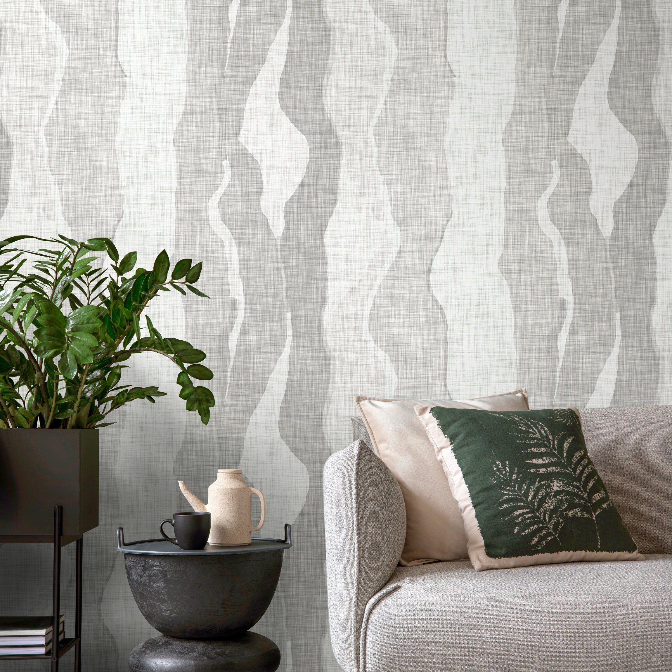 Abstract Wallpaper with Flowing Wave Shapes in Shades of Gray - D797 - Decor Addict, LLC