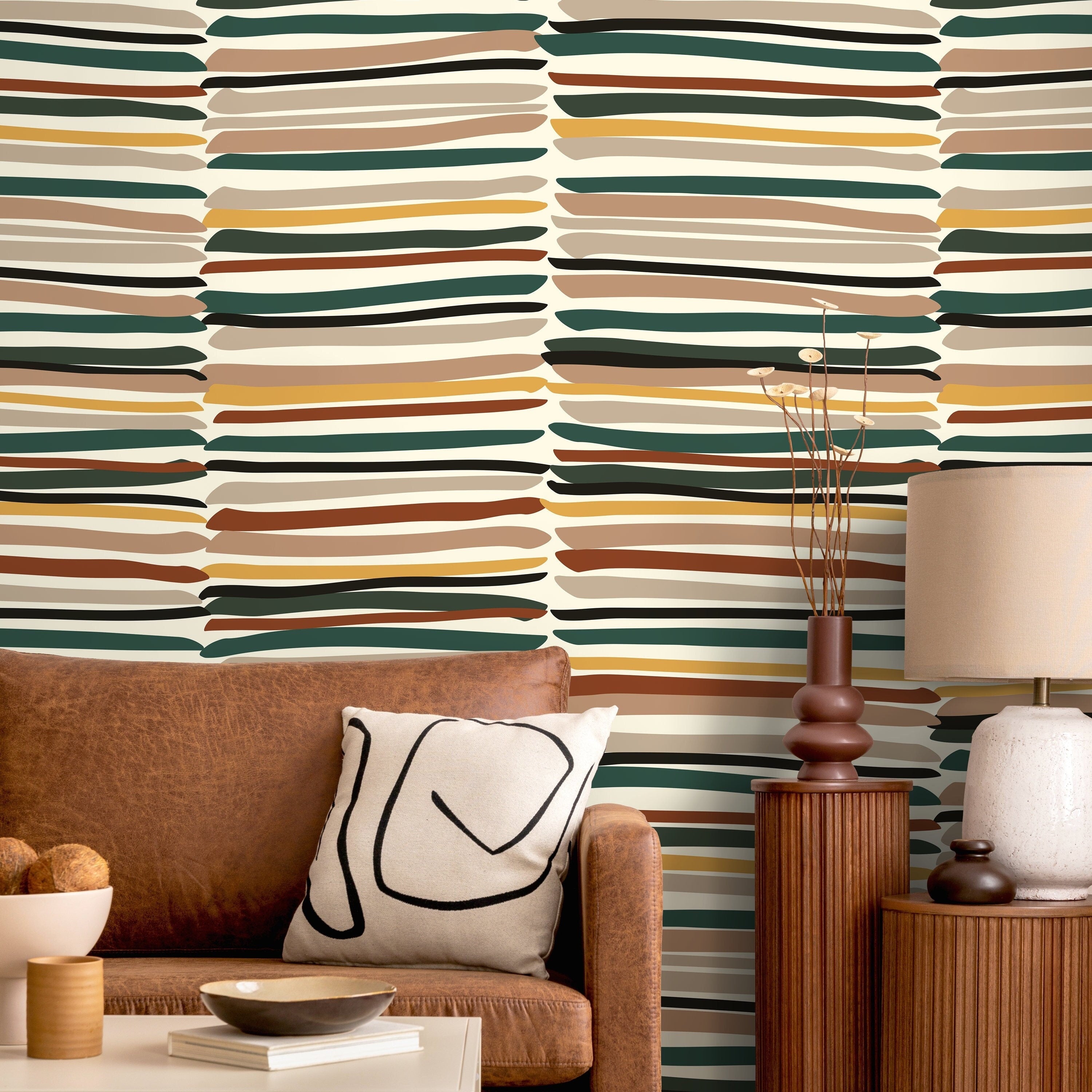 Abstract Wallpaper with Organic Brush Strokes in Green, Brown, and Yellow - D795 - Decor Addict, LLC