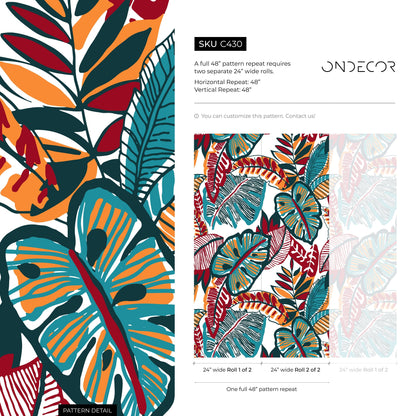 Botanical Wallpaper Featuring Stylized Leaves in Red, Teal, and Orange - C430 - Decor Addict, LLC