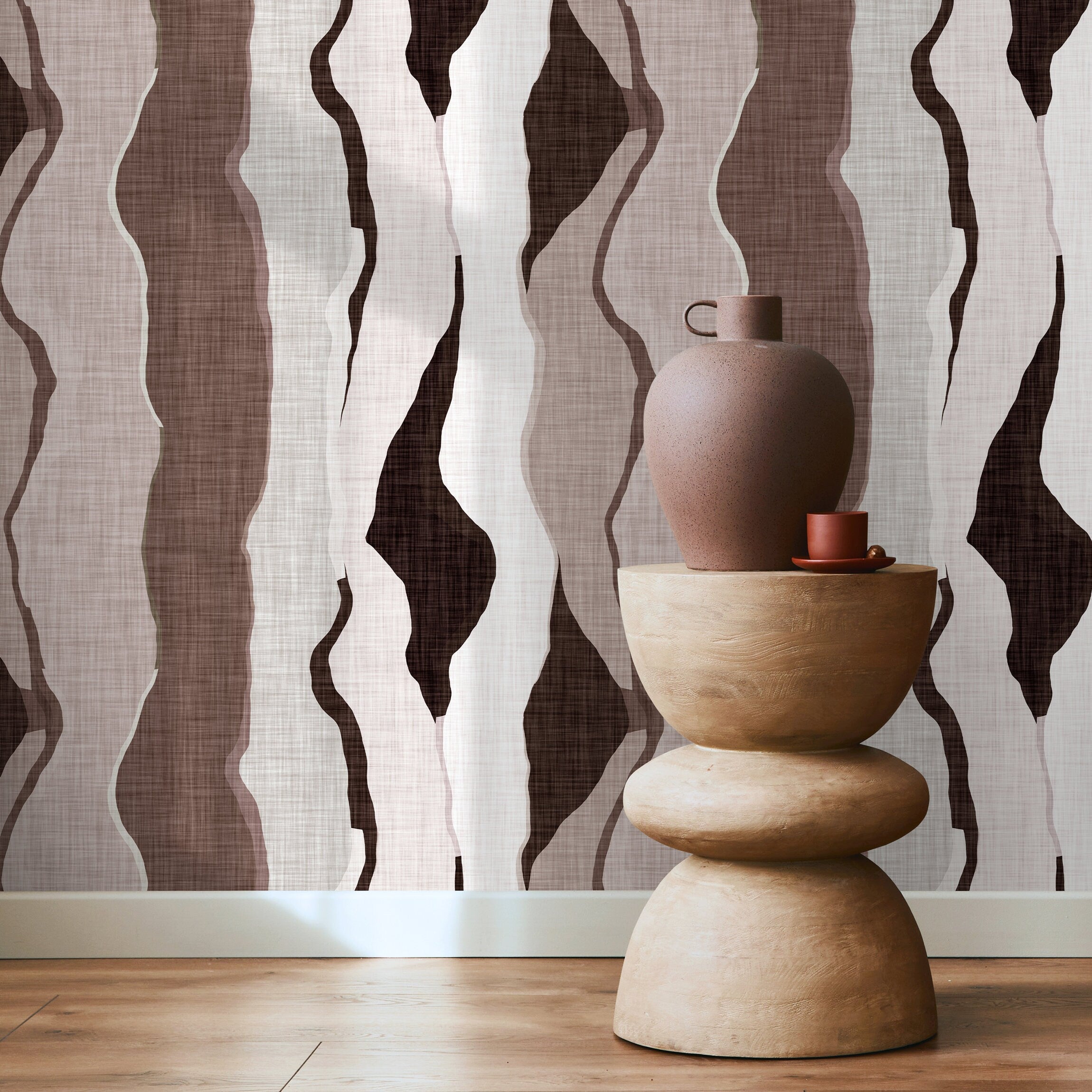 Abstract Wallpaper with Flowing Organic Layers in Brown, Beige, and Off-White - D796 - Decor Addict, LLC