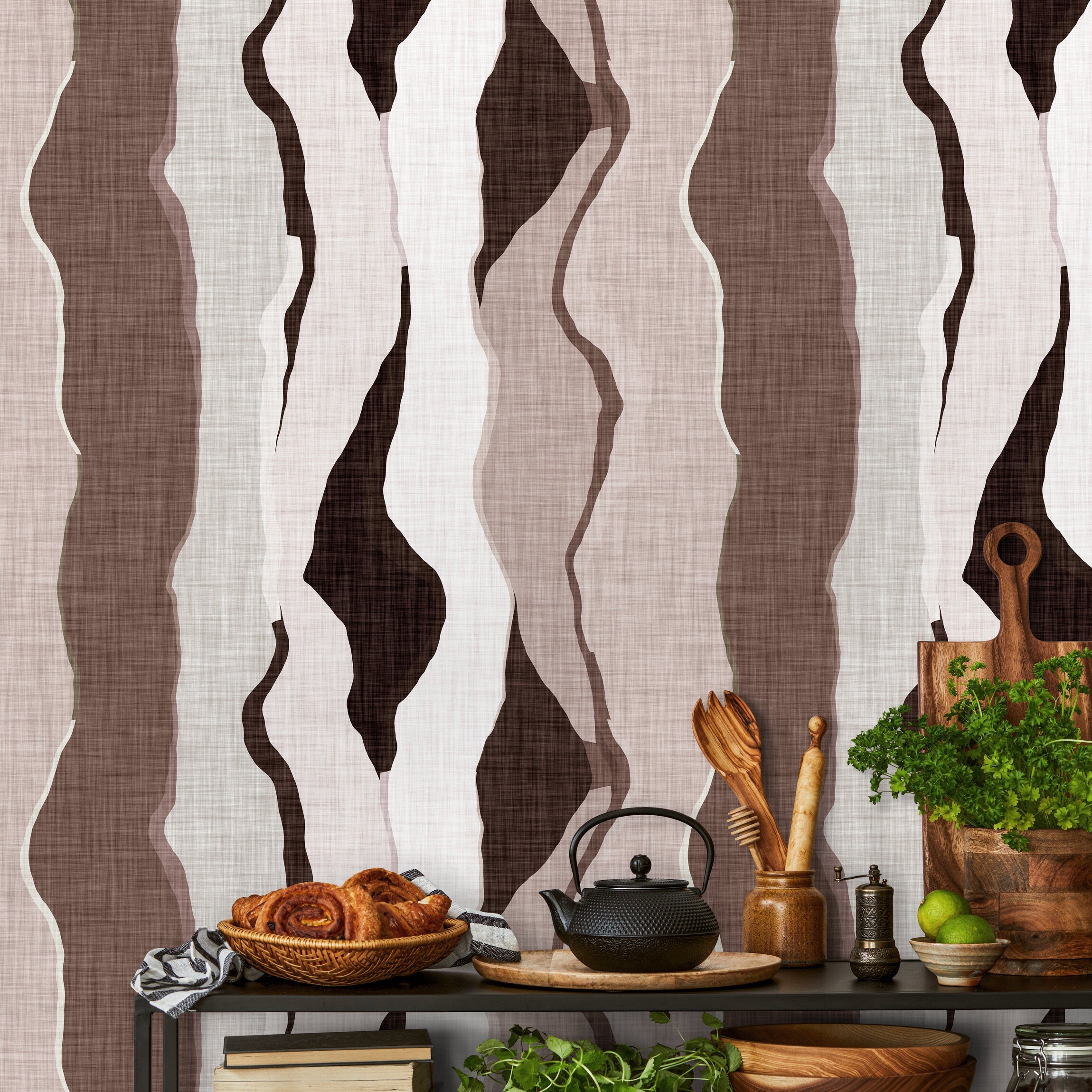 Abstract Wallpaper with Flowing Organic Layers in Brown, Beige, and Off-White - D796 - Decor Addict, LLC