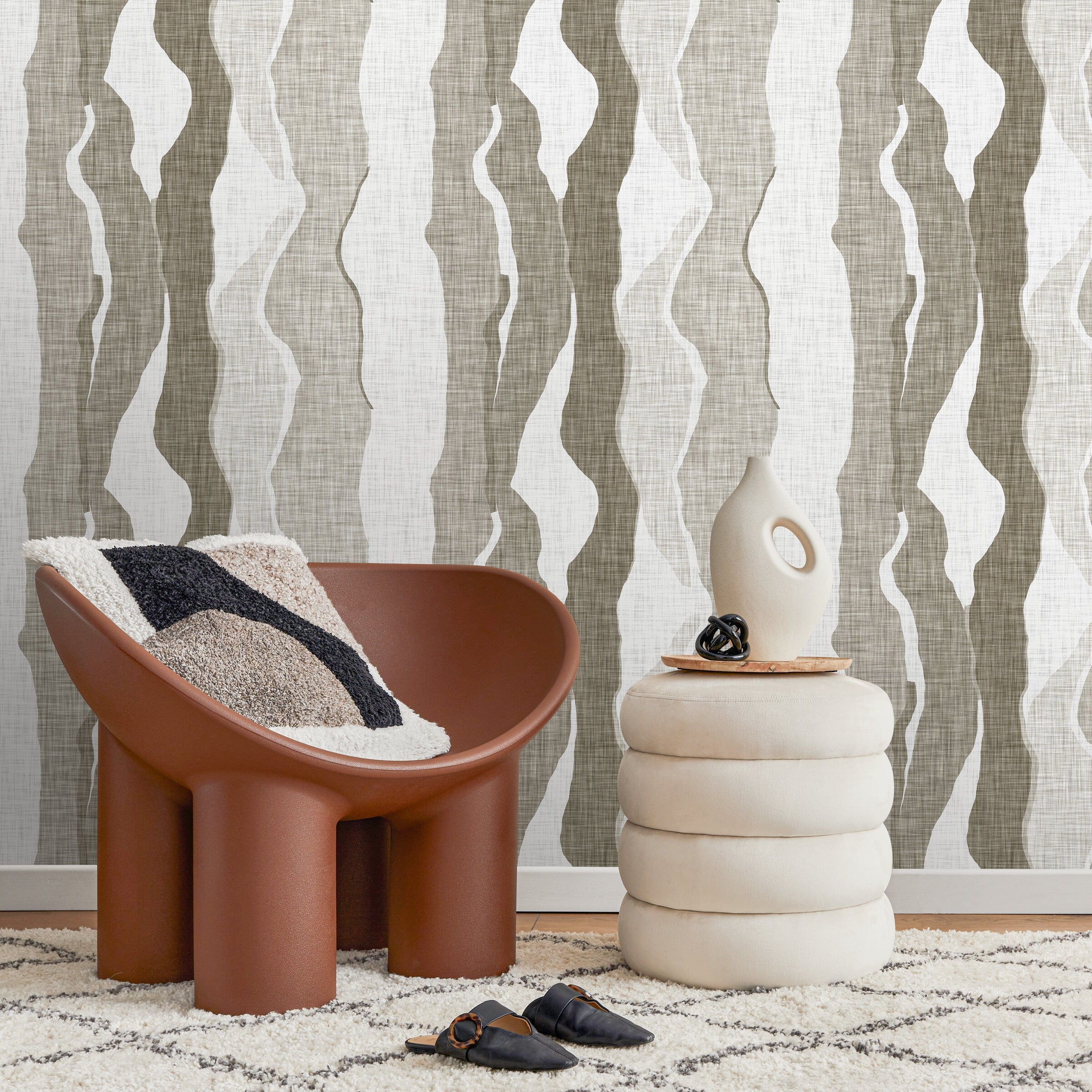 Abstract Wallpaper with Flowing Wave Layers in Beige and White - D838 - Decor Addict, LLC