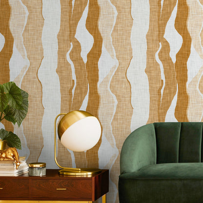 Abstract Wallpaper with Flowing Vertical Waves in Yellow and Ochre - D836 - Decor Addict, LLC