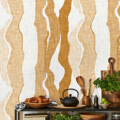 Abstract Wallpaper with Flowing Vertical Waves in Yellow and Ochre - D836 - Decor Addict, LLC