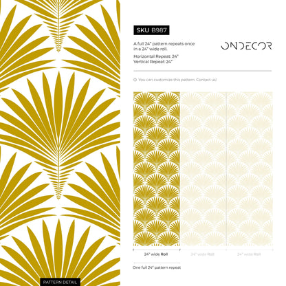 Art Deco Wallpaper with a Stylized Palm Frond Motif in Mustard Yellow - B987 - Decor Addict, LLC