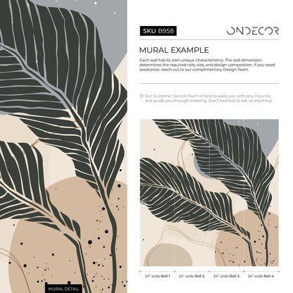 Botanical Wallpaper with Large Stylized Leaves in Charcoal, Beige, and Grey - B958 - Decor Addict, LLC