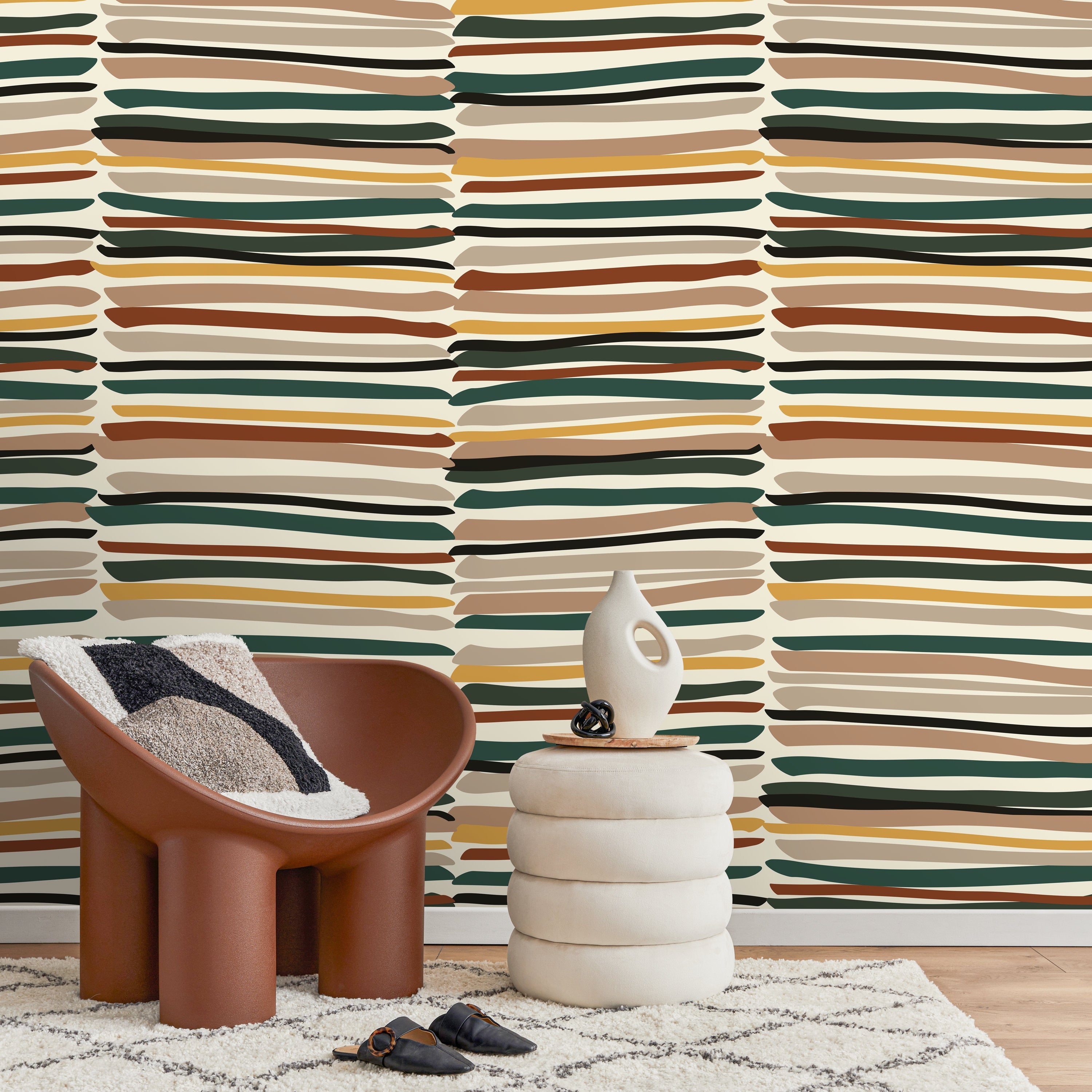 Abstract Wallpaper with Organic Brush Strokes in Green, Brown, and Yellow - D795 - Decor Addict, LLC