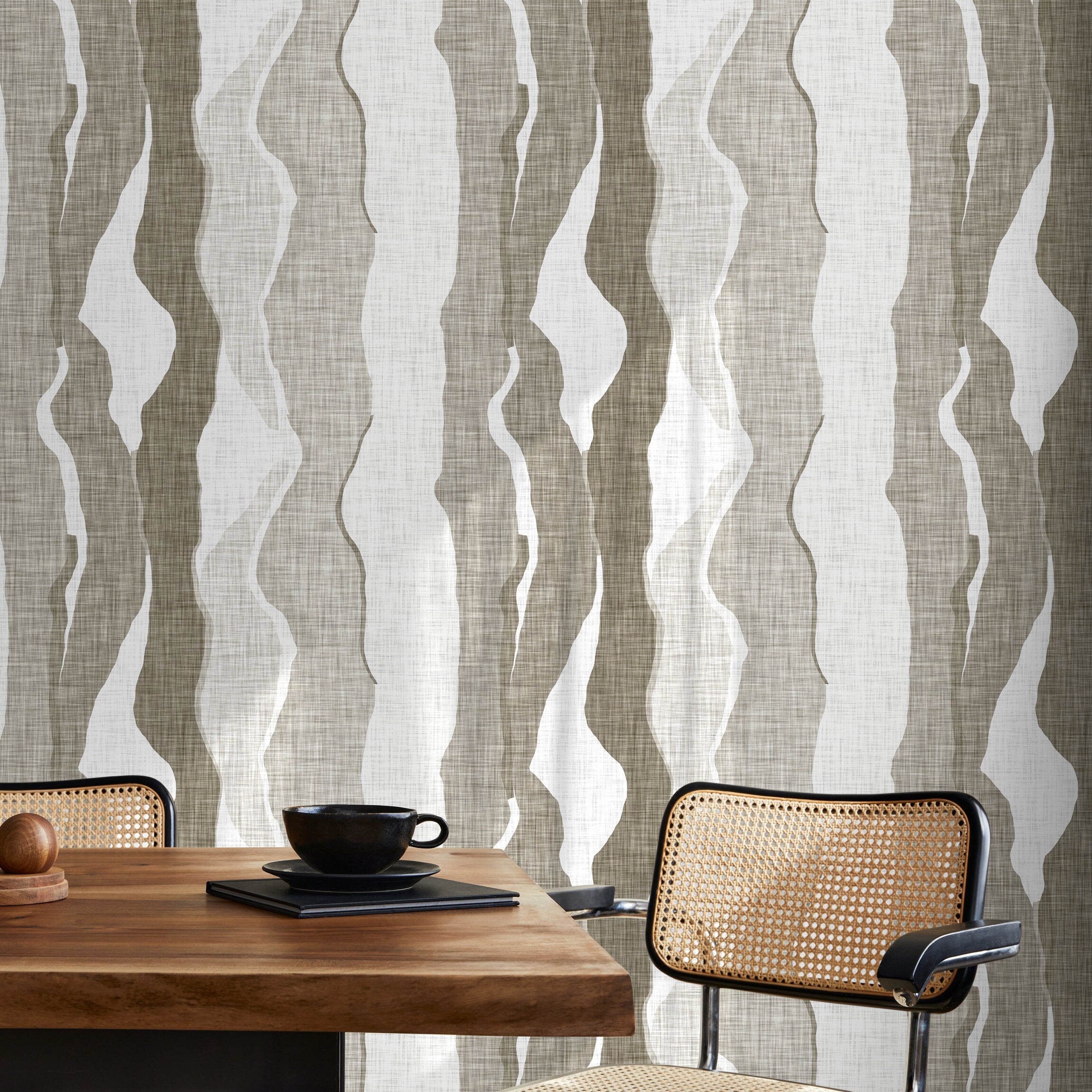 Abstract Wallpaper with Flowing Wave Layers in Beige and White - D838 - Decor Addict, LLC