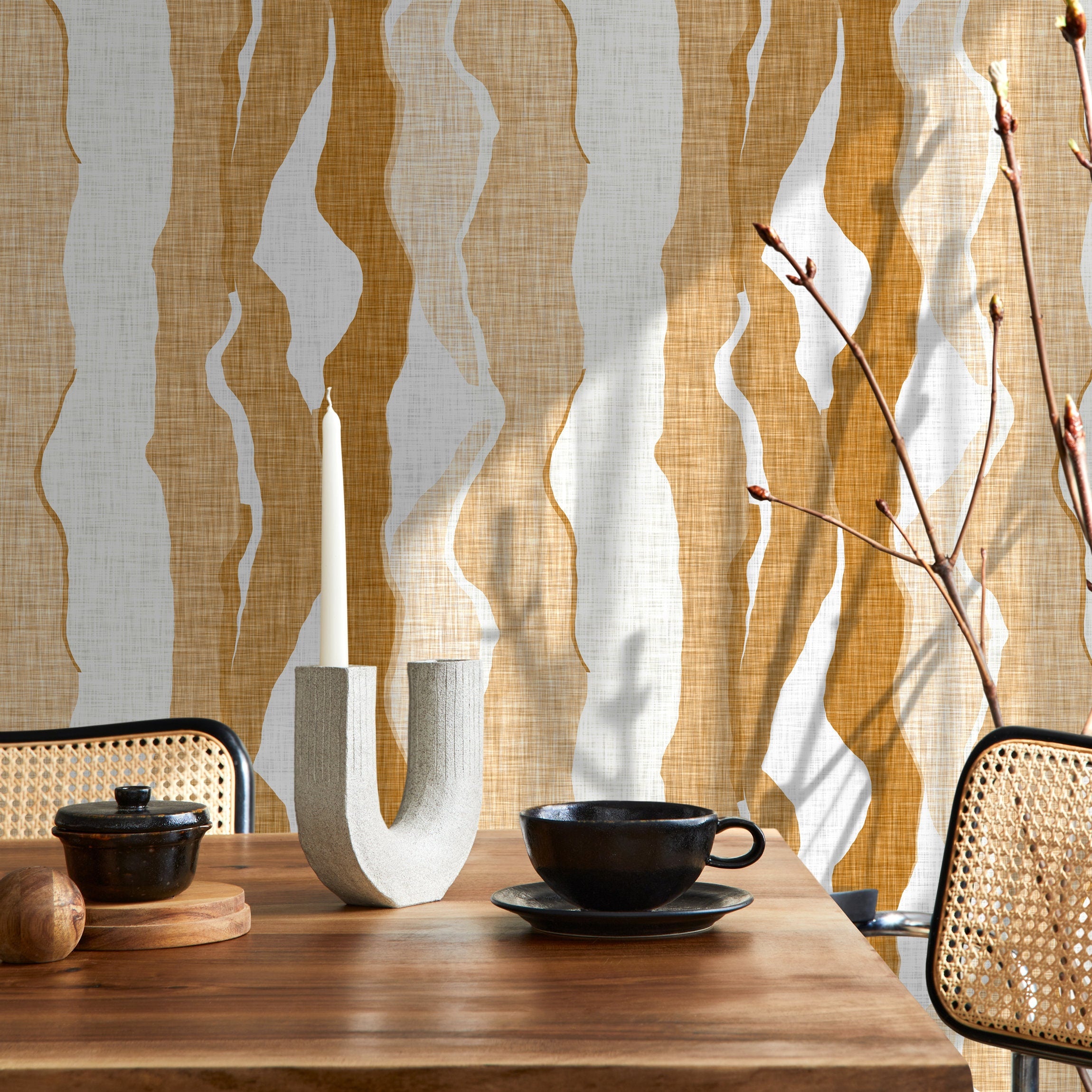Abstract Wallpaper with Flowing Vertical Waves in Yellow and Ochre - D836 - Decor Addict, LLC