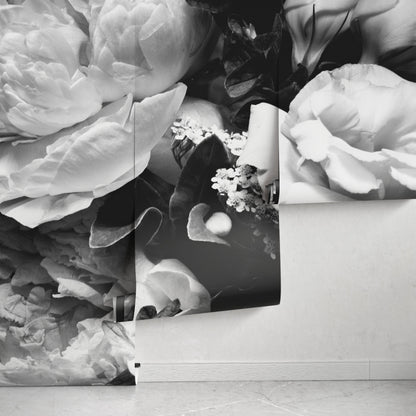 Floral Wallpaper with a Dramatic Peony Bouquet in Black and White - A557 - Decor Addict, LLC
