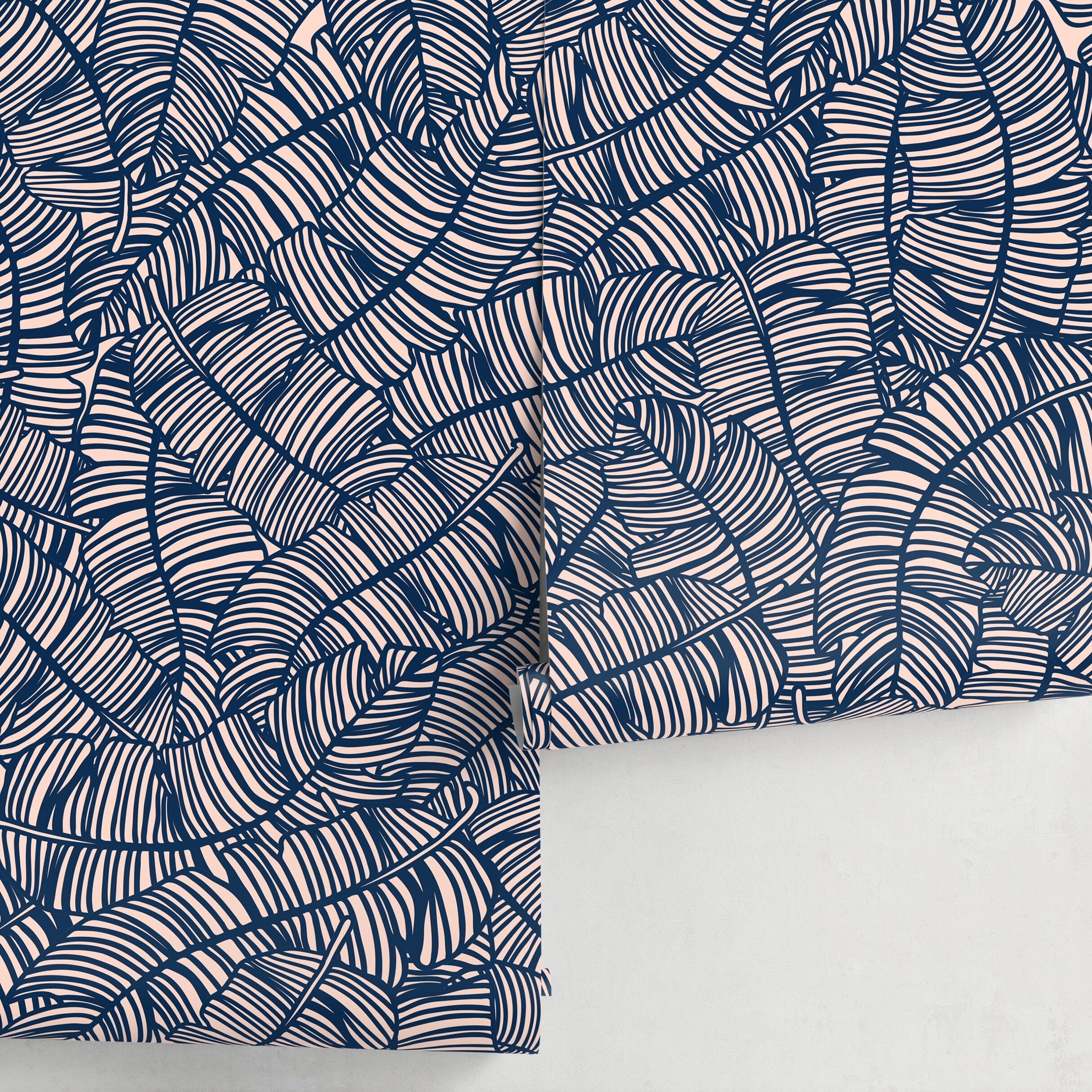 Abstract Wallpaper with a Bold Banana Leaf Motif in Navy Blue and Blush Pink - A016 - Decor Addict, LLC