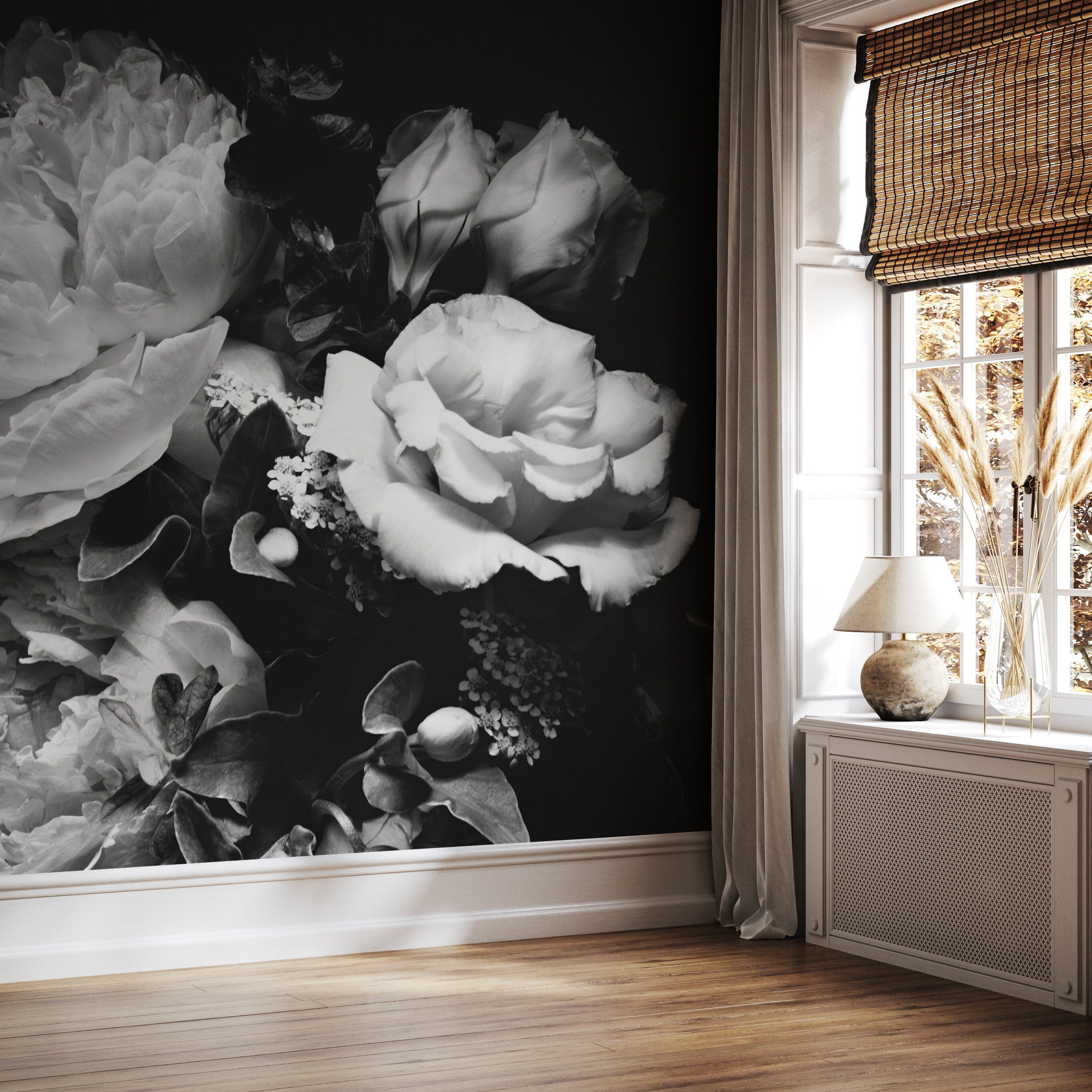 Floral Wallpaper with a Dramatic Peony Bouquet in Black and White - A557 - Decor Addict, LLC