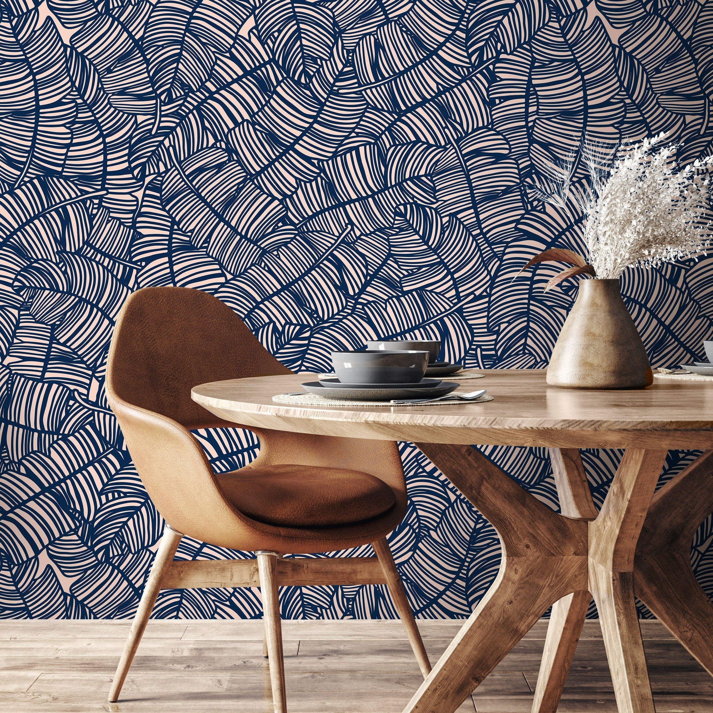 Abstract Wallpaper with a Bold Banana Leaf Motif in Navy Blue and Blush Pink - A016 - Decor Addict, LLC