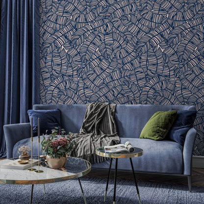Abstract Wallpaper with a Bold Banana Leaf Motif in Navy Blue and Blush Pink - A016 - Decor Addict, LLC