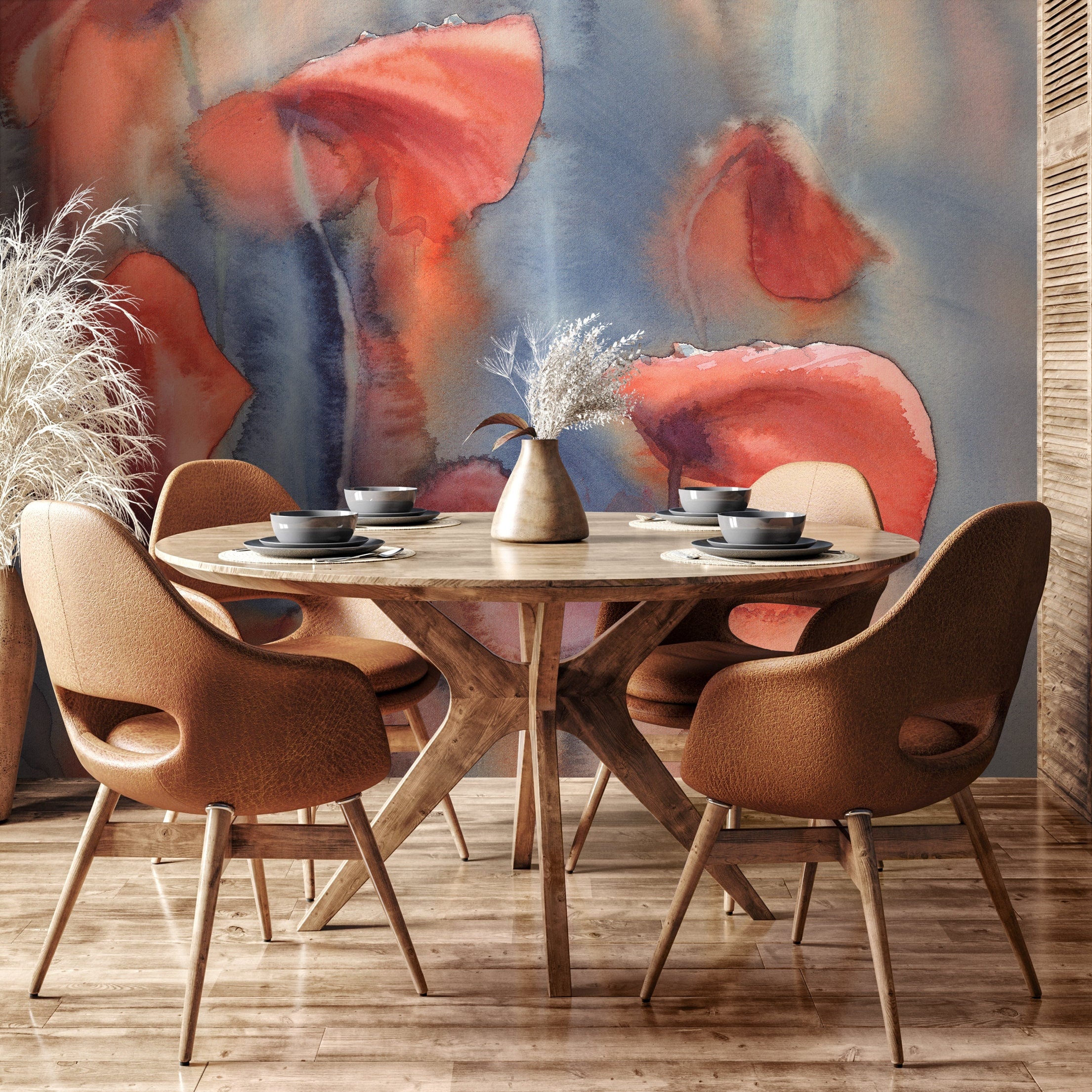 Abstract Wallpaper with Organic Watercolor Shapes in Coral, Blue, and Beige - A131 - Decor Addict, LLC
