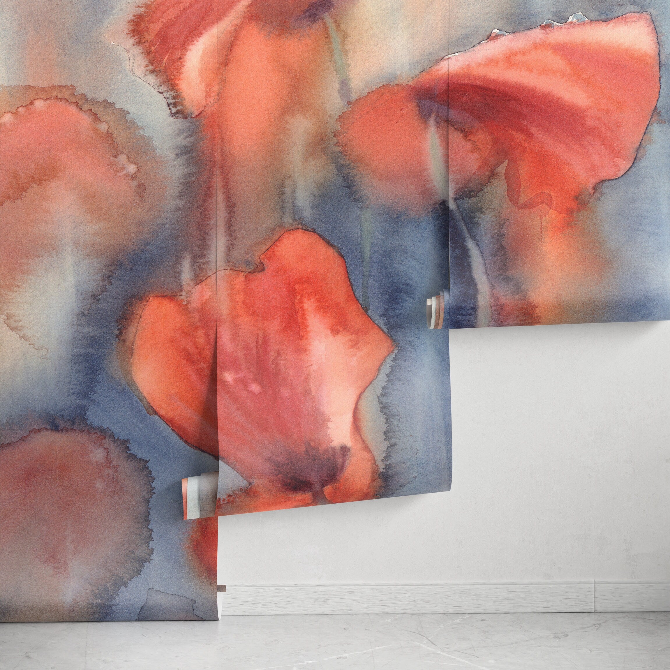 Abstract Wallpaper with Organic Watercolor Shapes in Coral, Blue, and Beige - A131 - Decor Addict, LLC