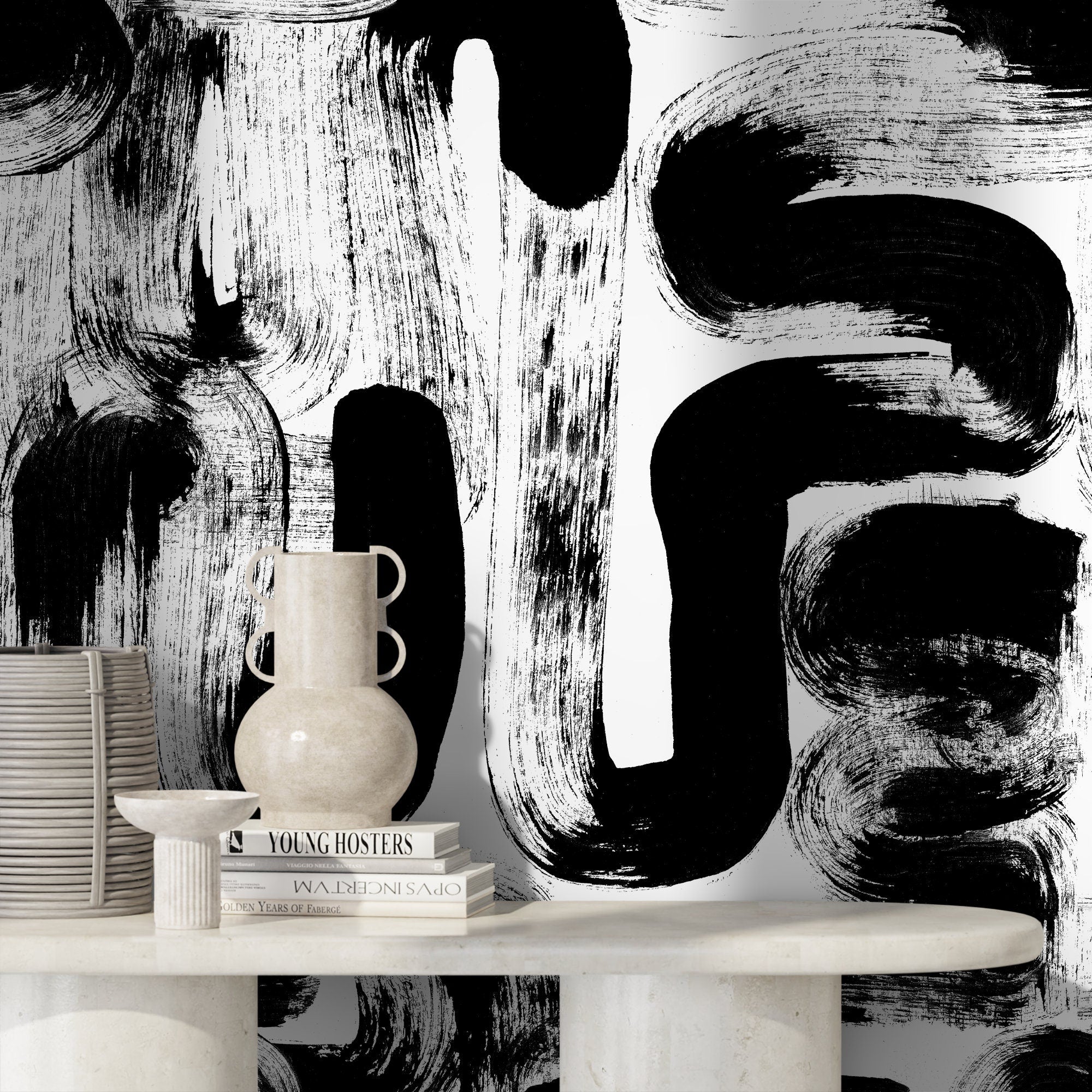 Abstract Wallpaper with Bold Brushstrokes in Black and White - X175 - Decor Addict, LLC