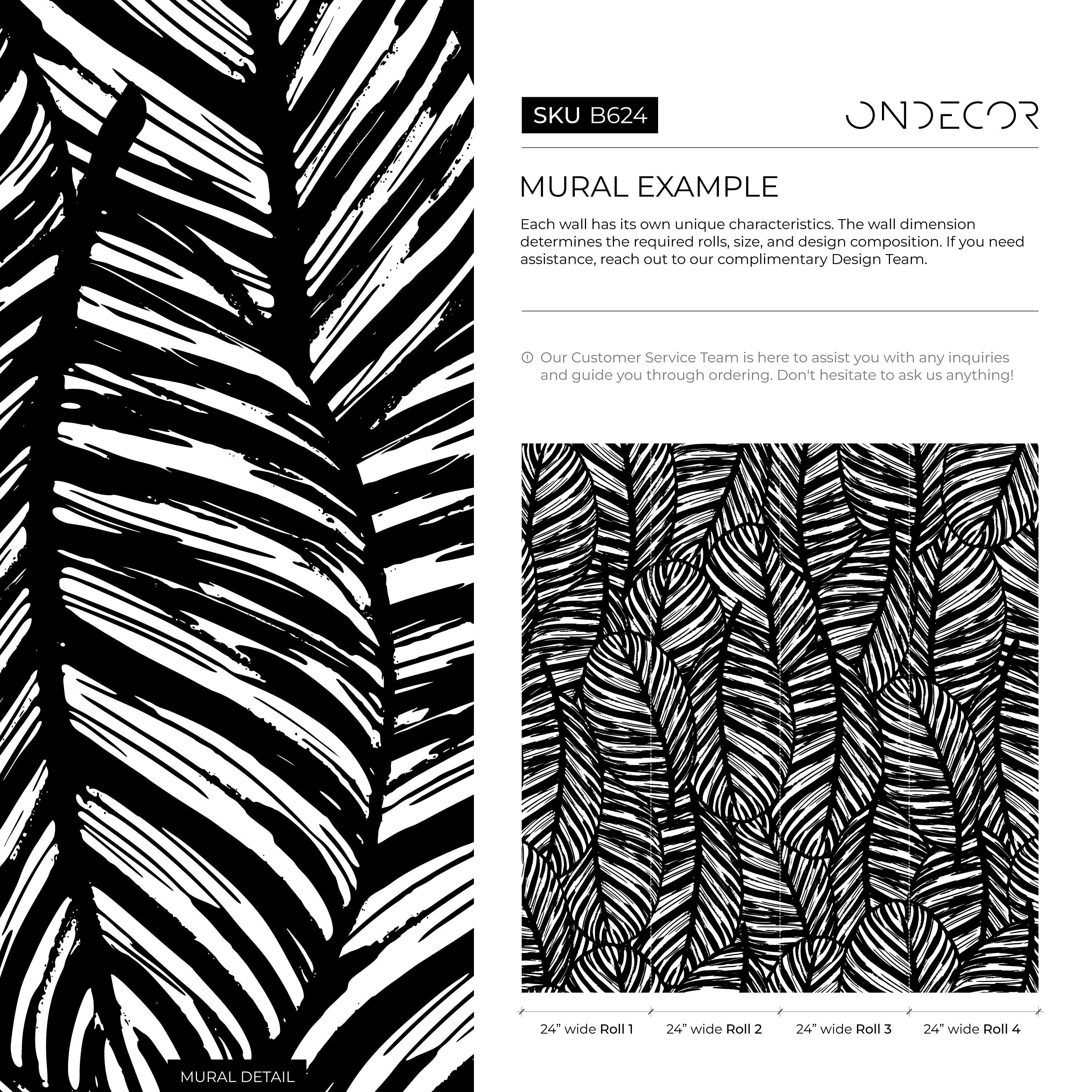 Botanical Wallpaper Featuring a Bold Palm Leaf Motif in Black and White - B624 - Decor Addict, LLC