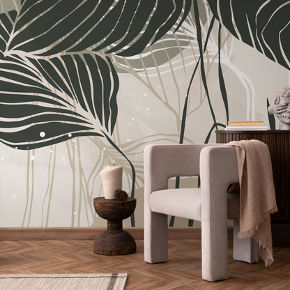 Botanical Wallpaper with Stylized Tropical Leaves in Dark Green, Sage, and Beige - B954 - Decor Addict, LLC