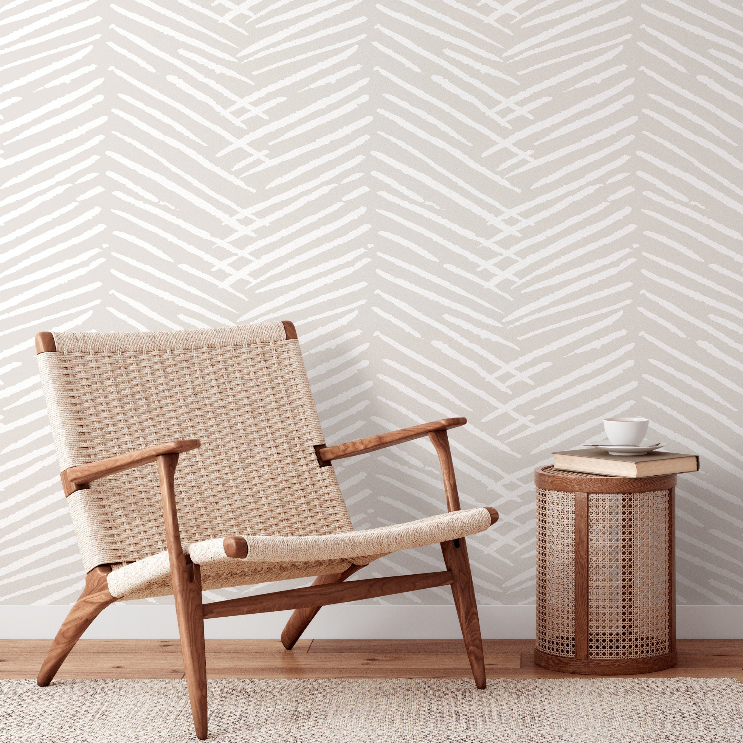 Abstract Wallpaper with a Textured Herringbone Motif in Nude Beige and White - C519 - Decor Addict, LLC