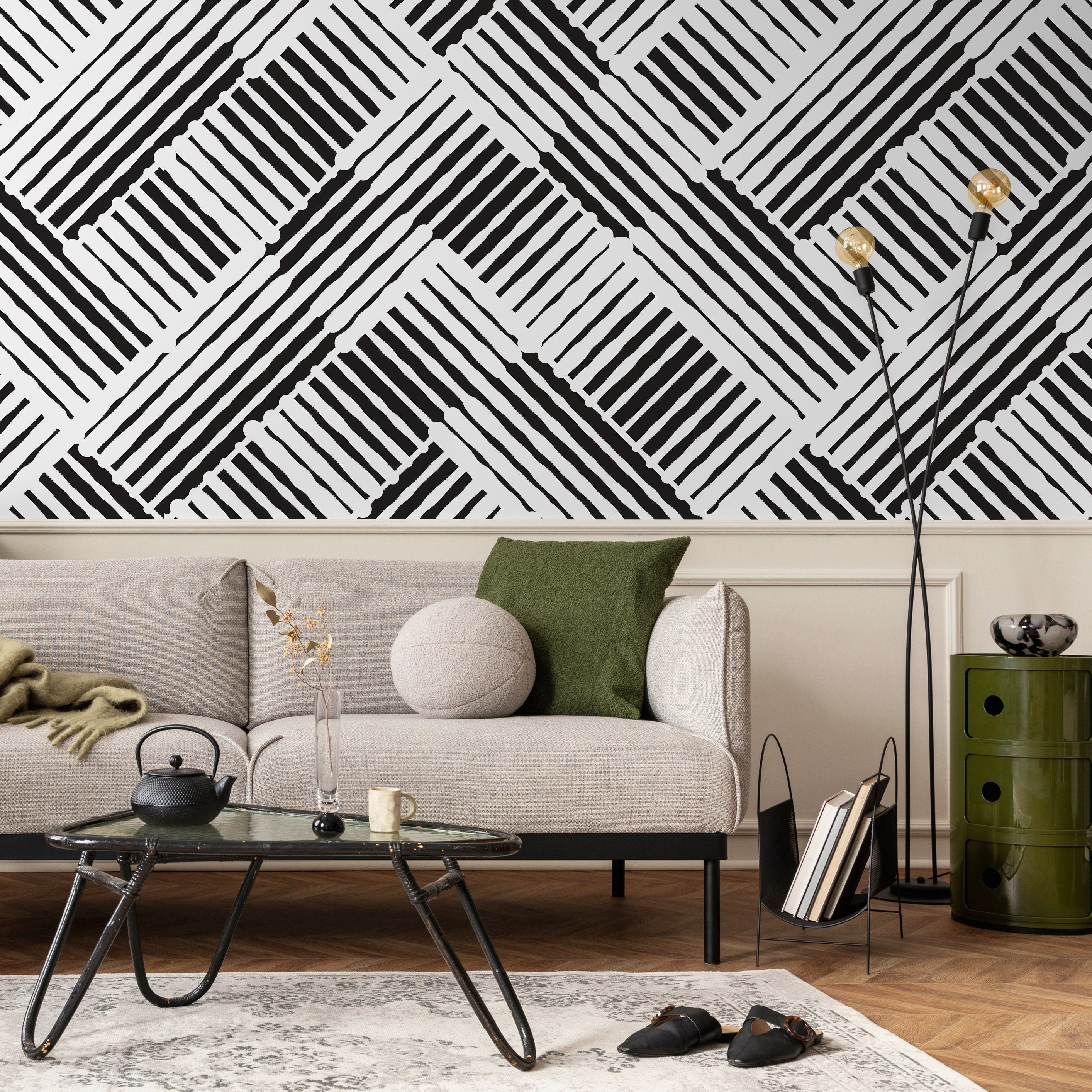 Abstract Wallpaper with a Bold Woven Line Motif in Black and White - B409 - Decor Addict, LLC