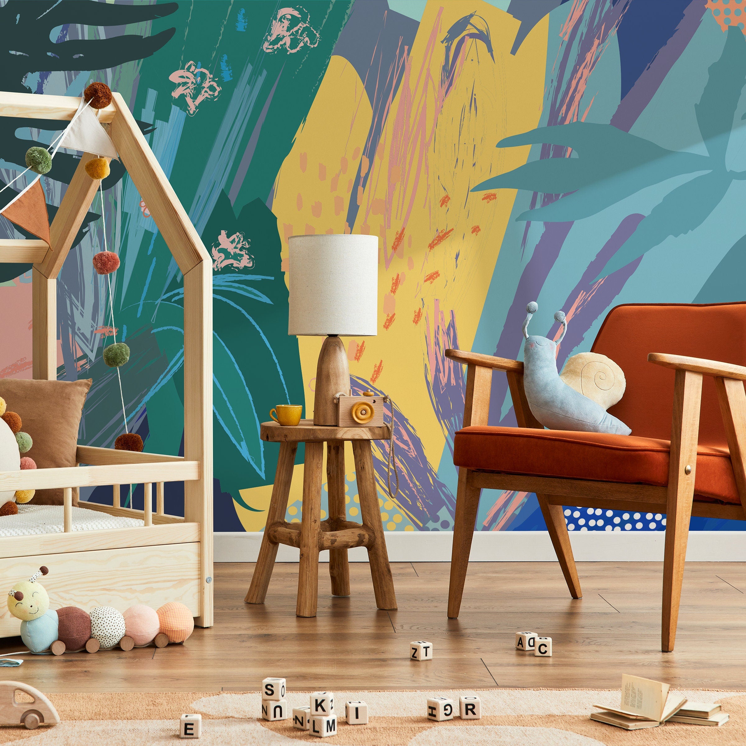 Abstract Wallpaper with a Botanical Brushstroke Collage in Teal, Yellow, and Blue - B167 - Decor Addict, LLC