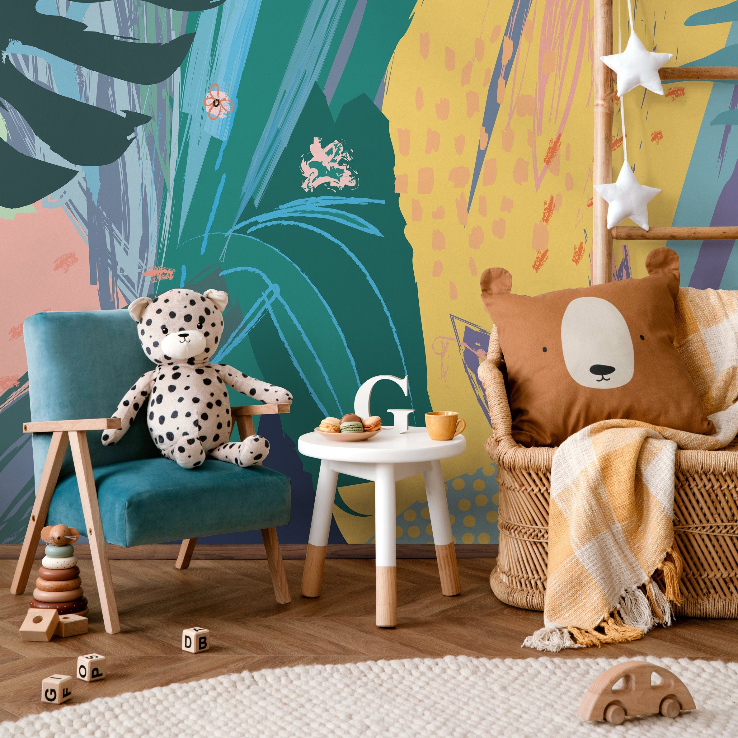 Abstract Wallpaper with a Botanical Brushstroke Collage in Teal, Yellow, and Blue - B167 - Decor Addict, LLC