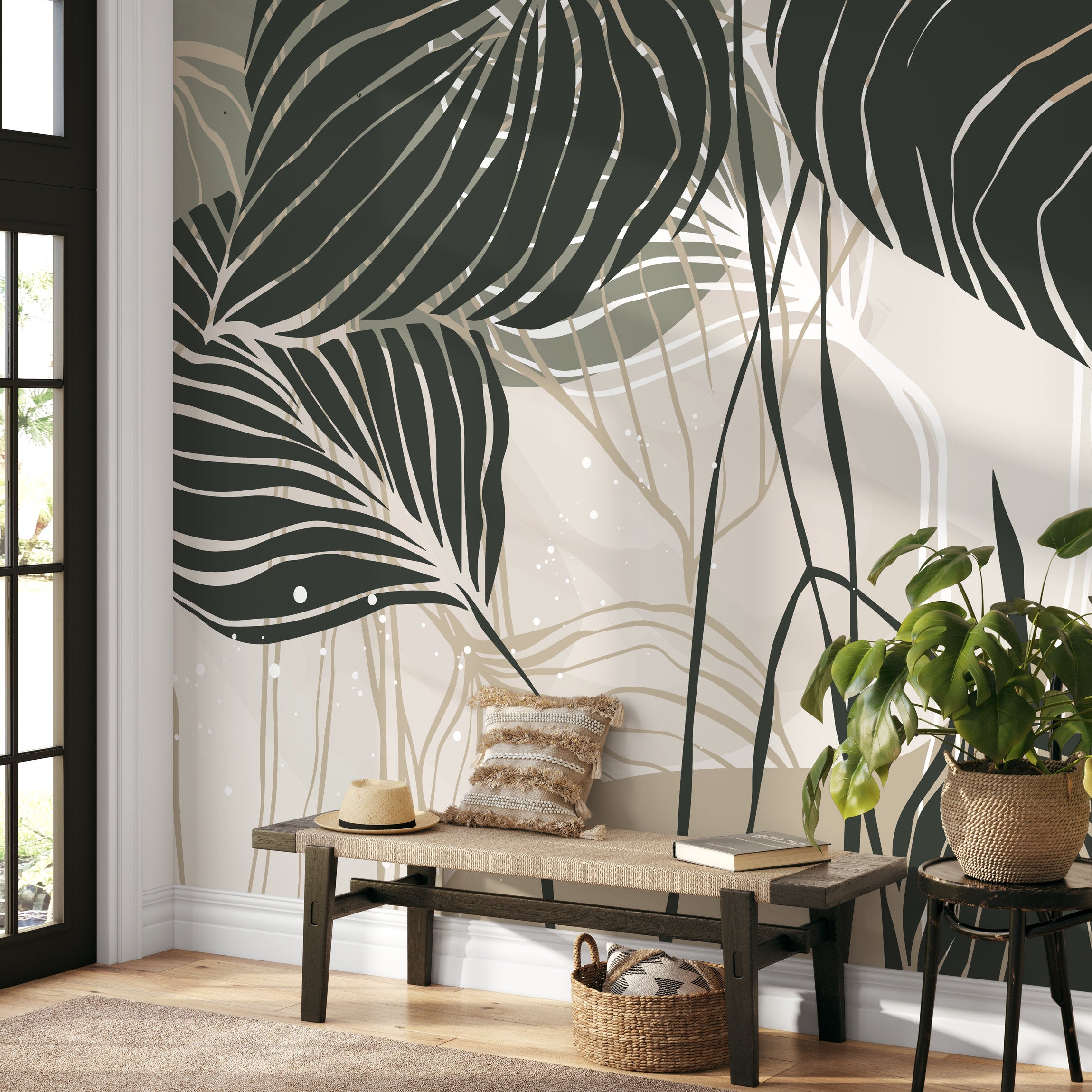 Botanical Wallpaper with Stylized Tropical Leaves in Dark Green, Sage, and Beige - B954 - Decor Addict, LLC
