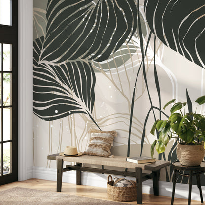 Botanical Wallpaper with Stylized Tropical Leaves in Dark Green, Sage, and Beige - B954 - Decor Addict, LLC