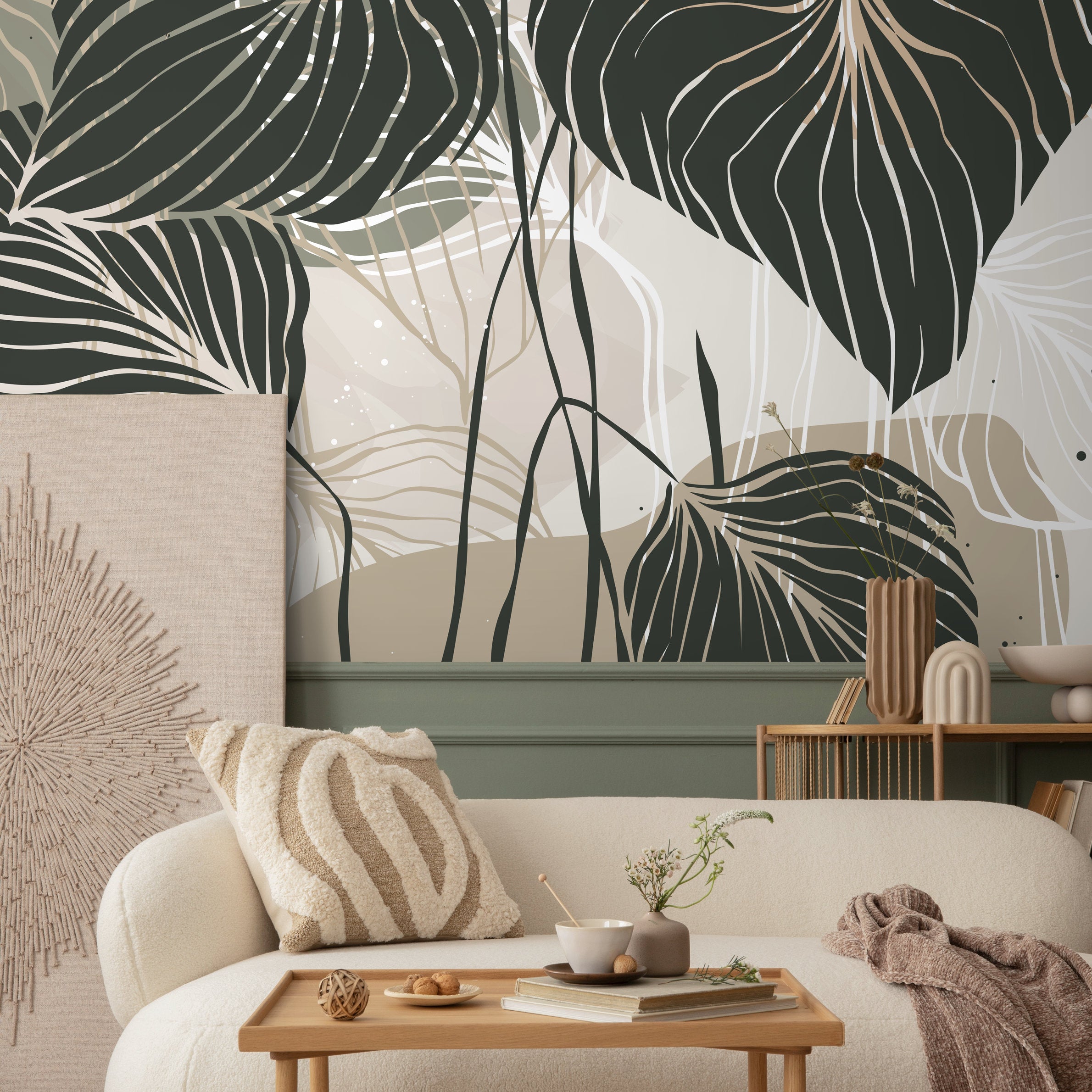 Botanical Wallpaper with Stylized Tropical Leaves in Dark Green, Sage, and Beige - B954 - Decor Addict, LLC