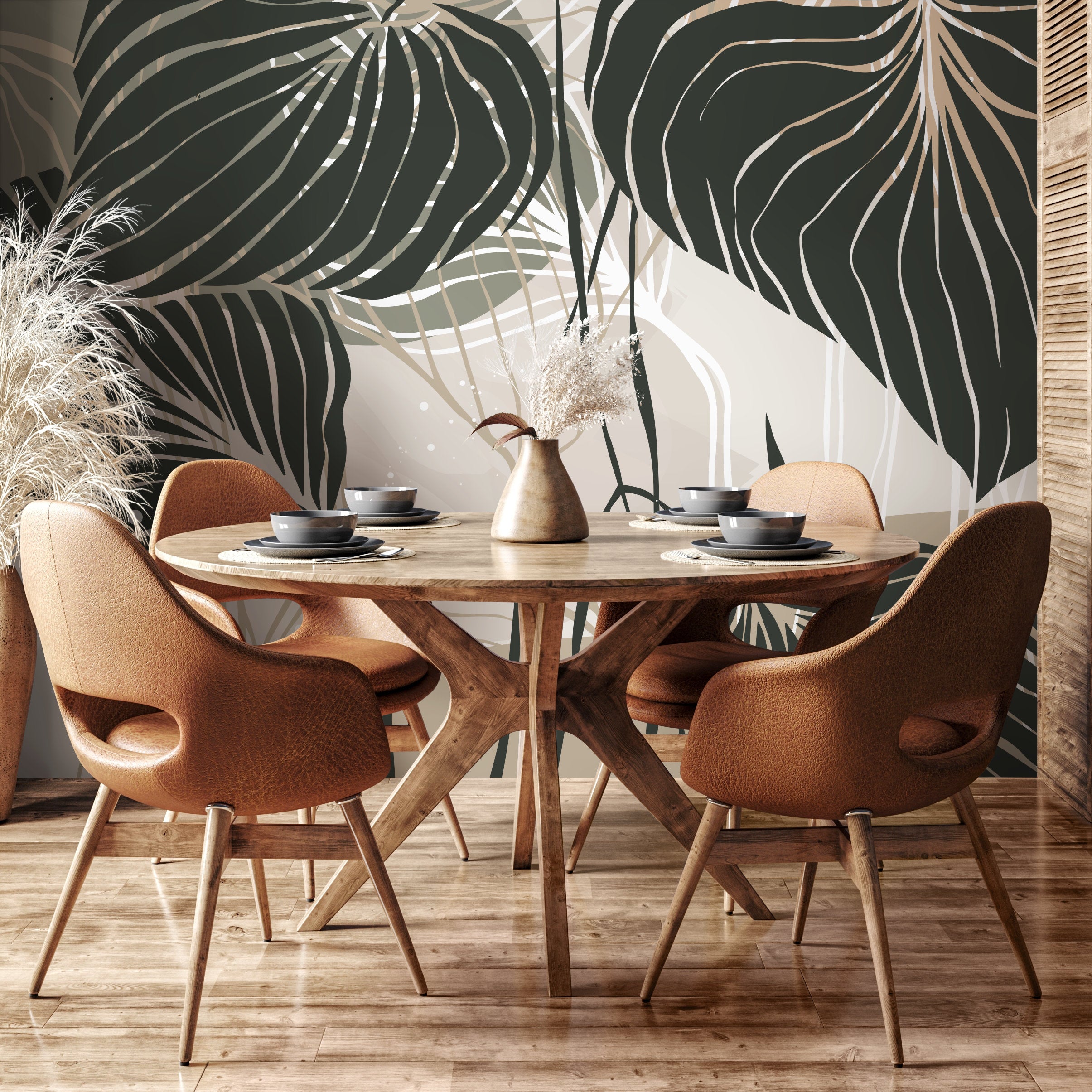 Botanical Wallpaper with Stylized Tropical Leaves in Dark Green, Sage, and Beige - B954 - Decor Addict, LLC