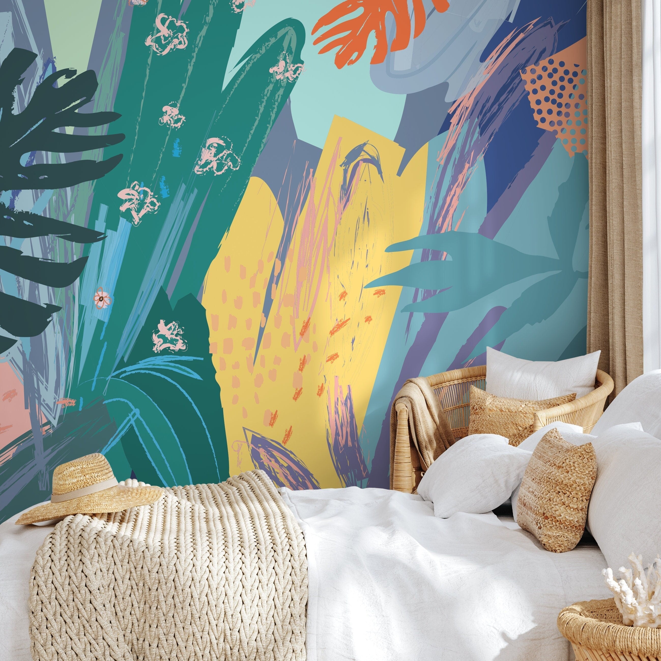 Abstract Wallpaper with a Botanical Brushstroke Collage in Teal, Yellow, and Blue - B167 - Decor Addict, LLC