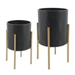S/2 Planter w/ lines on metal stand, black/gold