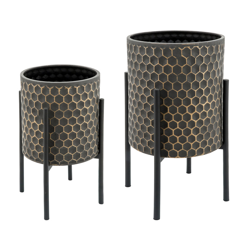 S/2 3D  Honeycomb Planter On Metal Stand, Blk/Gld