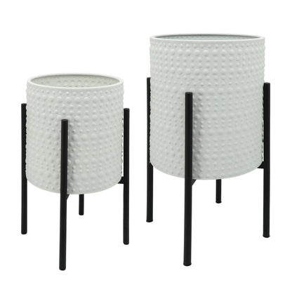 S/2 Dotted Planters In Metal Stand, White - Decor Addict, LLC