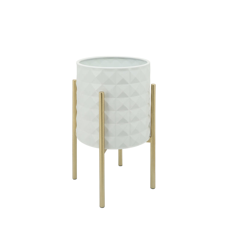 S/2 Diamond Planters In Metal Stand, White