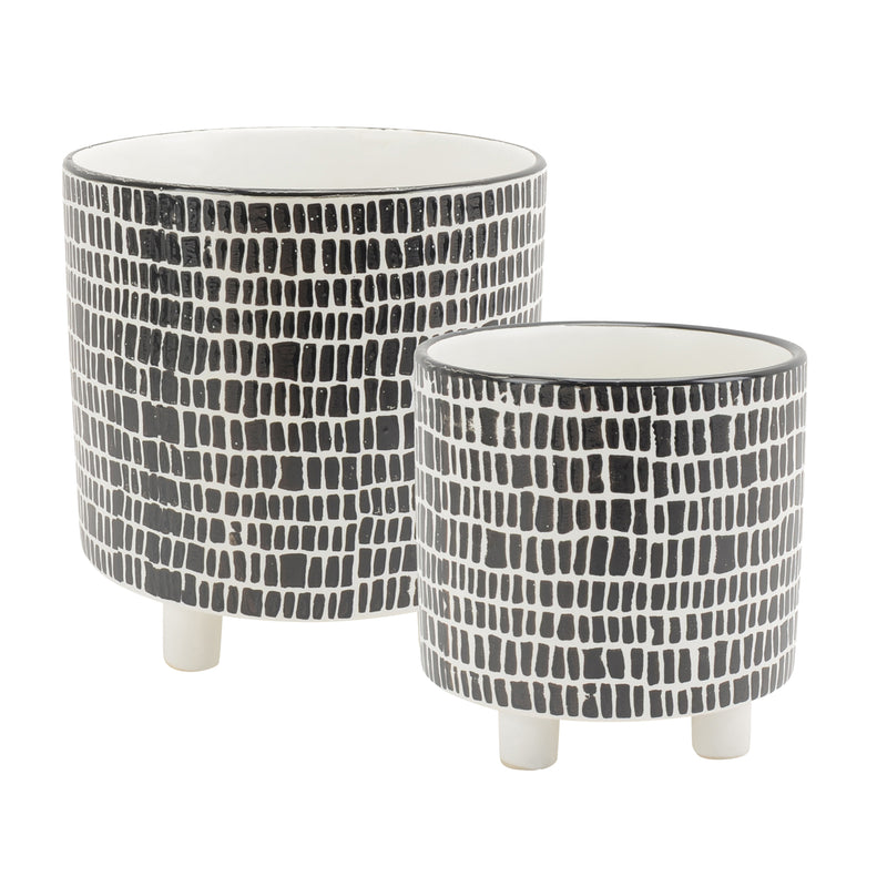 S/2 Geo Design Footed Planters, Black/White 9/