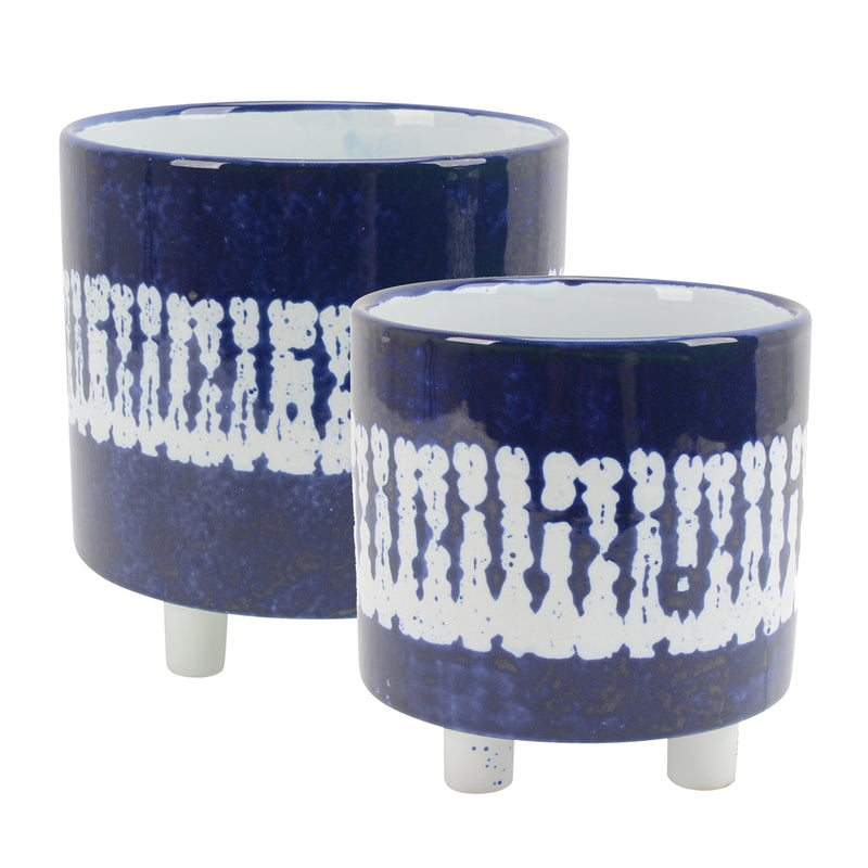 S/2 Ceramic Footed Planters 9/6, White/Blue
