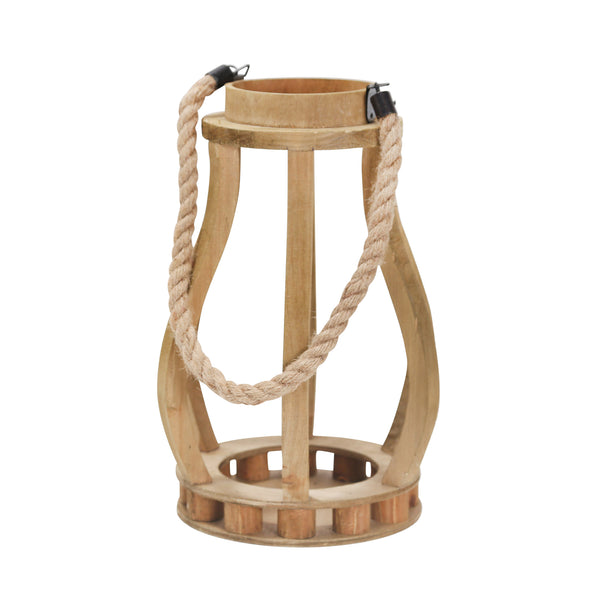 Wood 13.75" Lantern With Ropehandle, Brown - Decor Addict, LLC