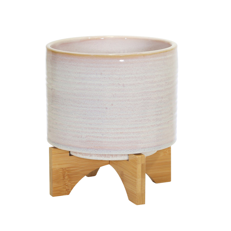 Macetero de cerámica de 8" con soporte, rayas color crema