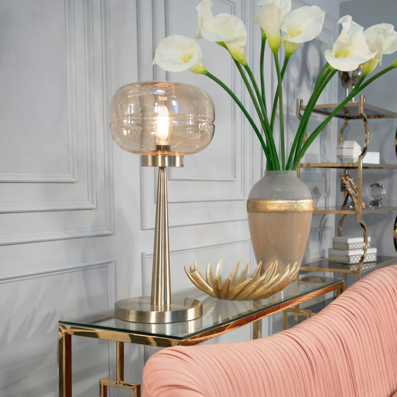 Lámpara de mesa Art Deco de 26" de metal/vidrio ámbar/dorado